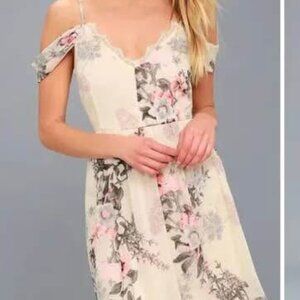 Lulus Verona Cream Floral Print Off-the-Shoulder Lace Dress